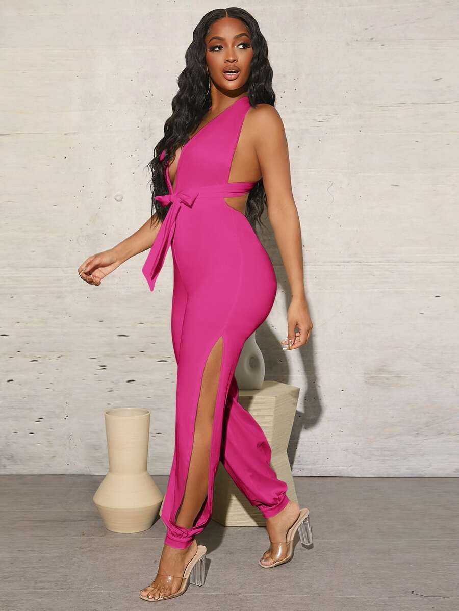 SHEIN SXY 深V領交叉露背開叉腰帶連身褲 - 粉色 - 查看 1