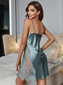 对比色睫毛蕾丝蝴蝶结细节缎面吊带睡衣睡裙 - 青碧色 - 查看 2