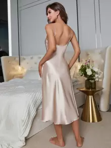 SilkySpell Satin Lace Insert Bow & Split Side Slip Pajama Night Dress Luxeloungewear - Champagne - View 2