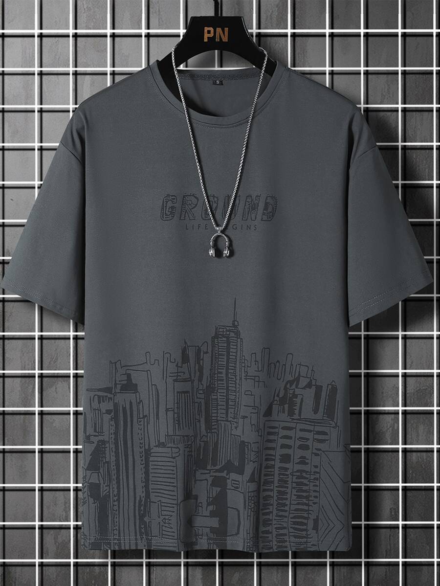 Manfinity Homme 男士字母和建築圖案T恤