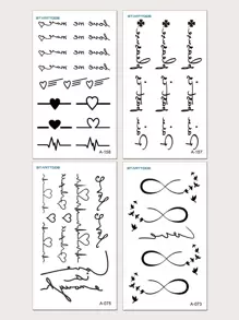 4 hojas Pegatina tatuaje con estampado de corazón y letra - Negro - Ver 1