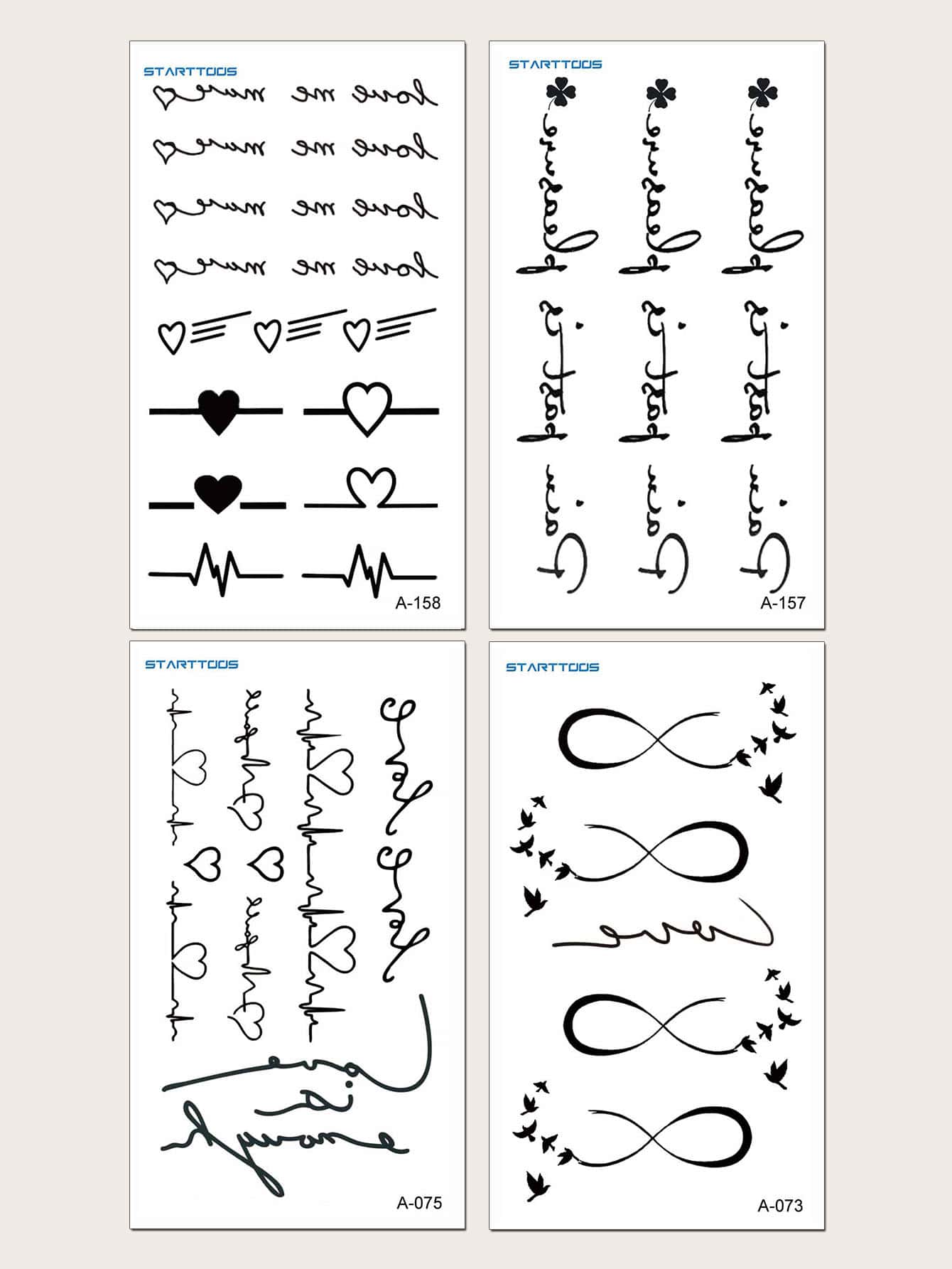 4 hojas Pegatina tatuaje con estampado de corazón y letra - Negro - Ver 1