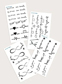 4 hojas Pegatina tatuaje con estampado de corazón y letra - Negro - Ver 3