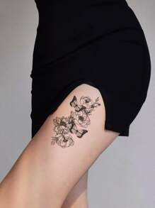 3pcs Floral & Butterfly Pattern Combination Temporary Tattoo Stickers For Arms & Body - Black - View 3