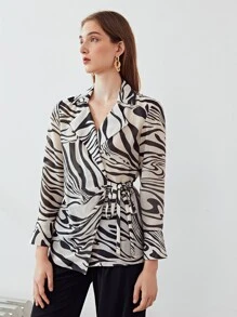MOTF PREMIUM LINEN ZEBRA STRIPE WRAP BLOUSE - Black and White - View 4