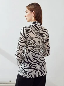 MOTF PREMIUM LINEN ZEBRA STRIPE WRAP BLOUSE - Black and White - View 3