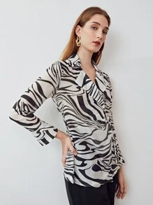 MOTF PREMIUM LINEN ZEBRA STRIPE WRAP BLOUSE - Black and White - View 5
