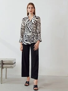 MOTF PREMIUM LINEN ZEBRA STRIPE WRAP BLOUSE - Black and White - View 6
