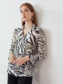 MOTF PREMIUM LINEN ZEBRA STRIPE WRAP BLOUSE - Black and White - View 8