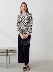 MOTF PREMIUM LINEN ZEBRA STRIPE WRAP BLOUSE - Black and White - View 9