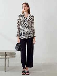 MOTF PREMIUM LINEN ZEBRA STRIPE WRAP BLOUSE - Black and White - View 10