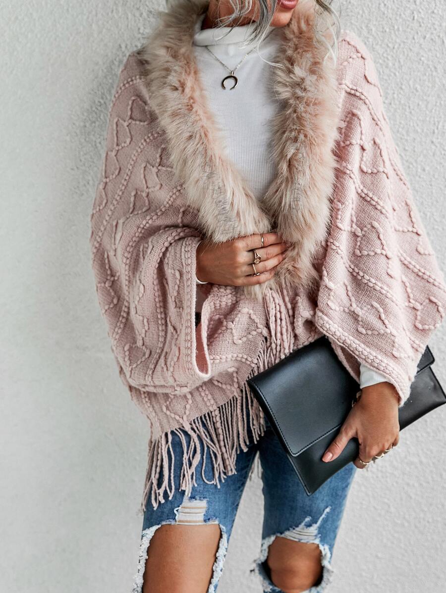 EMERY ROSE Fuzzy Trim Textured Knit Cardigan,Three Quarter Sleeve Tops - Baby Pink - View 1