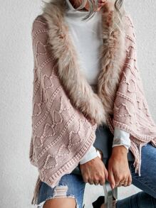 EMERY ROSE Fuzzy Trim Textured Knit Cardigan,Three Quarter Sleeve Tops - Baby Pink - View 3