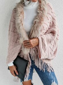 EMERY ROSE Fuzzy Trim Textured Knit Cardigan,Three Quarter Sleeve Tops - Baby Pink - View 5