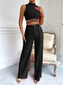 Zolique Criss Cross Mock Neck Top & Seam Front Pants - Black - View 1