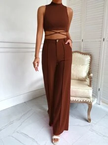 Allurite 交叉小高領上衣和前接縫長褲 - 鏽棕色 - 查看 5