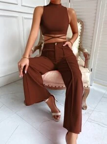 Allurite 交叉小高領上衣和前接縫長褲 - 鏽棕色 - 查看 6