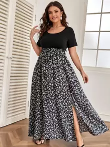 SHEIN Clasi Vestido floral de muslo con abertura - Negro - Ver 1