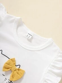 SHEIN Camiseta Frontal Joven Con Lazo Decorativo, Gráficos De Dibujos Animados Y Borde De Volante - Blanco - Ver 5