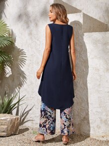 EMERY ROSE 素色前短後長背心上衣和佩斯利印花闊腿褲