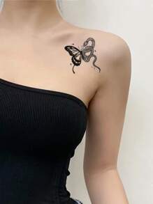 1sheet Butterfly & Snake Pattern Tattoo Sticker - Black - View 3