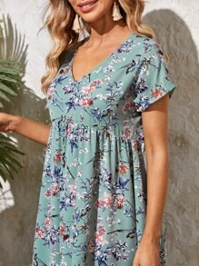 EMERY ROSE Floral Print Batwing Sleeve Pocket Detail Smock Dress - Multicolor - View 5