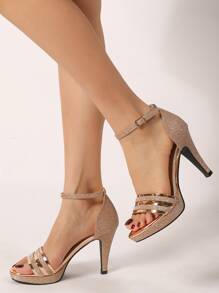 春夏女士高跟凉鞋，优雅玫瑰金撞色亮面厚底细高跟鞋，适合派对、度假、购物、奢华高端派对等场合，时尚百搭的假日鞋履 - 玫瑰金 - 查看 2