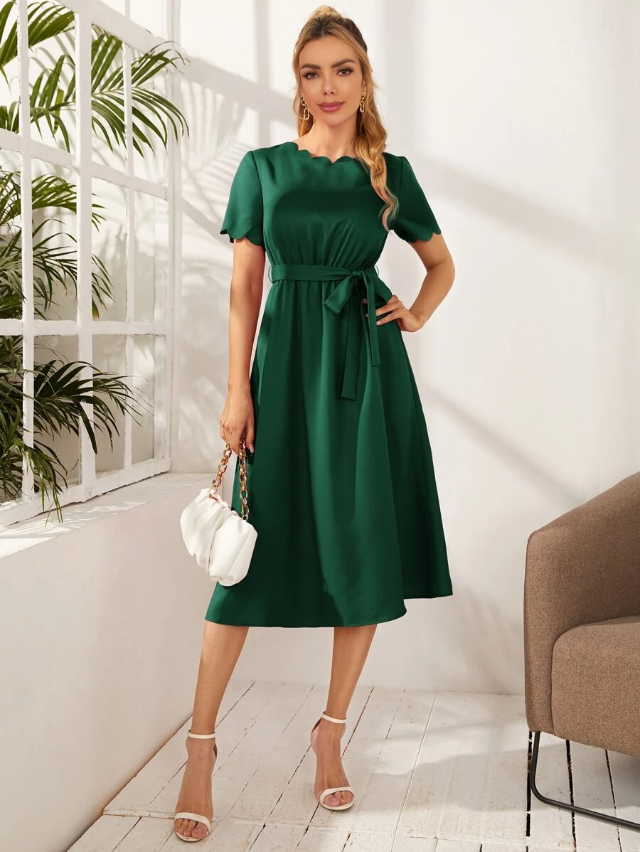 SHEIN Clasi Scallop Edge Self Belted Dress - Dark Green - View 1