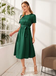 SHEIN Clasi Scallop Edge Self Belted Dress - Dark Green - View 3