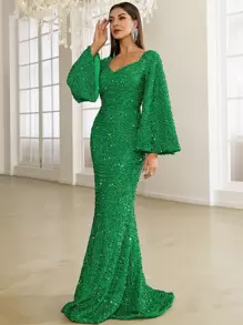 Missord 亮片雞心領口喇叭袖魚尾裙下擺及地連衣裙 - 綠色 - 查看 2