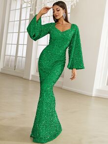 Missord 亮片雞心領口喇叭袖魚尾裙下擺及地連衣裙 - 綠色 - 查看 4
