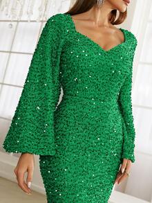 Missord 亮片雞心領口喇叭袖魚尾裙下擺及地連衣裙 - 綠色 - 查看 8