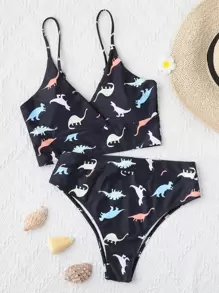 SHEIN Swim Summer Beach Dinosaur Print Tankini Set Surplice Cami Top & High Waisted Fold Bottom 2 Piece Bathing Suit - Black - View 3