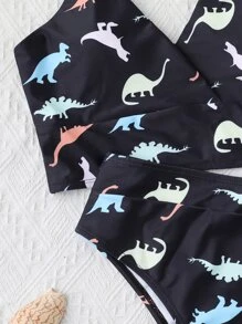 SHEIN Swim Summer Beach Dinosaur Print Tankini Set Surplice Cami Top & High Waisted Fold Bottom 2 Piece Bathing Suit - Black - View 4