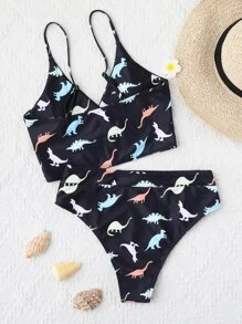 SHEIN Swim Summer Beach Dinosaur Print Tankini Set Surplice Cami Top & High Waisted Fold Bottom 2 Piece Bathing Suit - Black - View 5