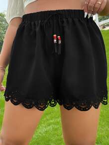 SHEIN VCAY Quần Short kích thước lớn Cắt ra Dây kéo mép Sò điệp màu trơn Boho - màu đen - Xem 1