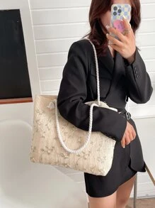 大容量编织手提包、沙滩包 - 米色 - 查看 4