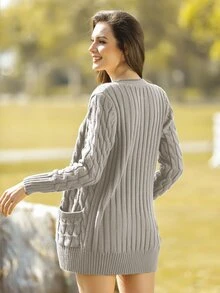 AAmilife Button Front Cable Knit Cardigan - Dark Grey - View 2