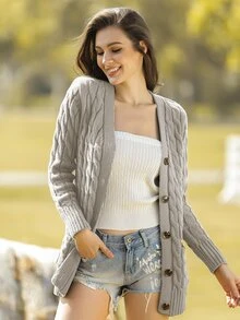 AAmilife Button Front Cable Knit Cardigan - Dark Grey - View 3