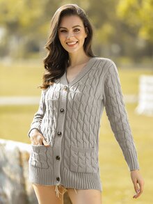 AAmilife Button Front Cable Knit Cardigan - Dark Grey - View 4