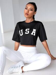Easithlete Letter Graphic Drop Shoulder Crop Sports Tee - Black - View 1