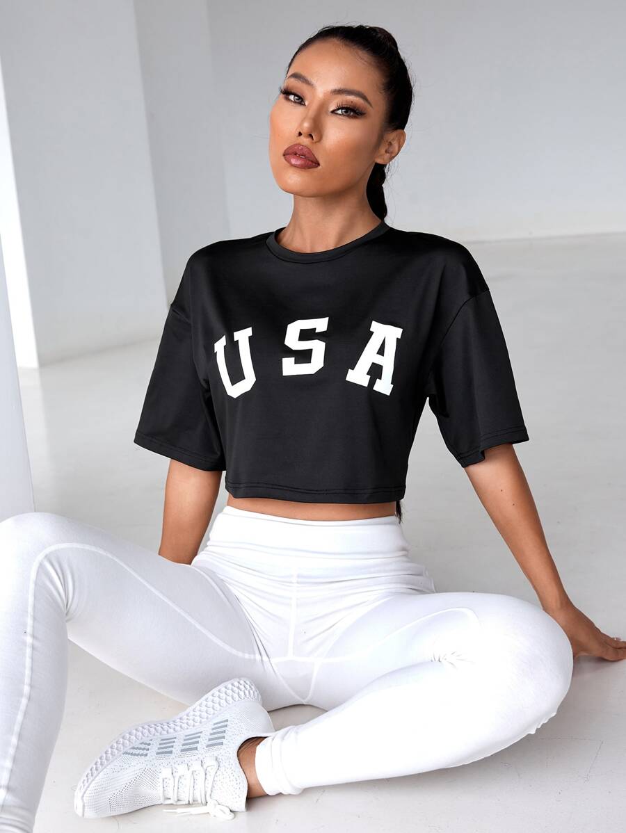 Easithlete Letter Graphic Drop Shoulder Crop Sports Tee - Black - View 1