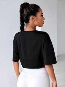 Easithlete Letter Graphic Drop Shoulder Crop Sports Tee - Black - View 2