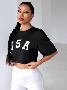 Easithlete Letter Graphic Drop Shoulder Crop Sports Tee - Black - View 3