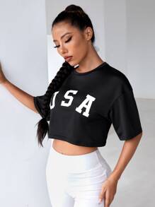 Easithlete Letter Graphic Drop Shoulder Crop Sports Tee - Black - View 4