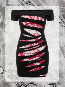 ROMWE PUNK Vestido ajustado con estampado de letra desgarro de hombros descubiertos - Negro - Ver 1
