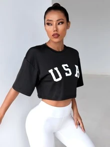 Easithlete Letter Graphic Drop Shoulder Crop Sports Tee - Black - View 5