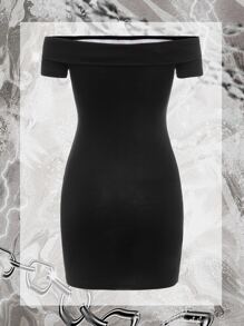 ROMWE PUNK Vestido ajustado con estampado de letra desgarro de hombros descubiertos - Negro - Ver 2