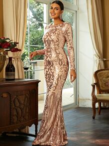 Missord Zip Back Maxi Sequin Bodycon Prom Dress, Elegant Long Sleeve Formal Evening Gown, For Wedding Guest, Graduation, Dinner - Apricot - View 3