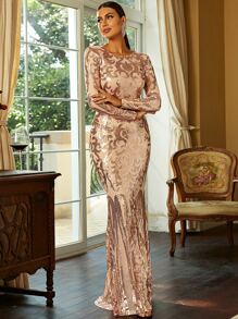 Missord Zip Back Maxi Sequin Bodycon Prom Dress, Elegant Long Sleeve Formal Evening Gown, For Wedding Guest, Graduation, Dinner - Apricot - View 4
